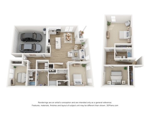 A 3D floor plan of a house with multiple rooms and furniture.